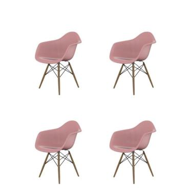 Imagem de Conjunto Com 4 Cadeiras Eames Com Braço Rosa  Base Em Madeira