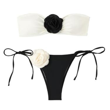 Imagem de Conjunto de biquíni bandeau 3D floral bonito biquínis corte alto sem alças sutiã sexy e calça maiô maiô para mulheres, Branco, M-G