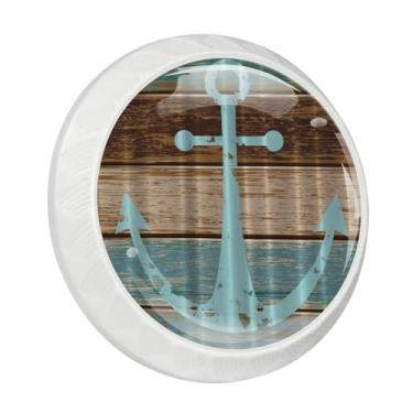 Imagem de LORVIES Pacote com 4 puxadores de armário decorativos oceânicos de 3,5 cm, vidro ABS, redondo, branco, orifício único, puxadores de porta de gaveta de armário para cozinha, quarto (âncora de madeira)