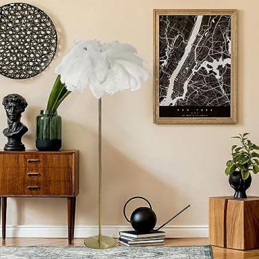 Imagem de Luminária de piso natural de penas de avestruz, luminária de chão moderna para quarto, luminária de chão regulável, lâmpada de decoração de canto de sala de estar dourada, iluminação de leitura com
