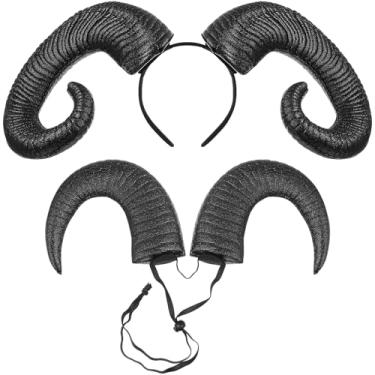 Imagem de 1 conjunto de tiara de chifres de Halloween preta Scrunchie preta acabamento punk Steam Punk Headwear Argolas de cabelo de ovelha preta decoração de chifres de diabo chifres de boi preto tiara anel de
