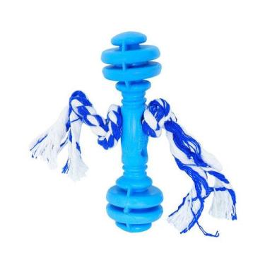 Imagem de Brinquedo Furacão Pet Halteres de Borracha Maciça Azul com Corda para 