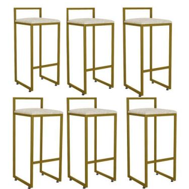 Imagem de Kit 06 Banquetas Alta Industrial 0,78 cm Metal Dourada Linho Cru - Val