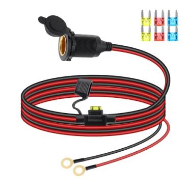 Imagem de RIIEYOCA Cabo de extensão de soquete de isqueiro de 12 V 24 V, fio fixo, tomada fêmea para anel de ilhó, cabo terminal com tampa à prova d'água e fusível de 20 A para carros, barcos, etc. (2 m)