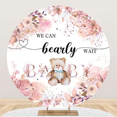 Imagem de DORCEV Capa de fundo redonda para festa de chá de bebê 2,2 x 2,2 m poliéster We Can Bearly Wait Baby Photo Background Boneca Urso Aquarela Folhas Rosa Floral Retrato Infantil Cabine de Fotos Favores