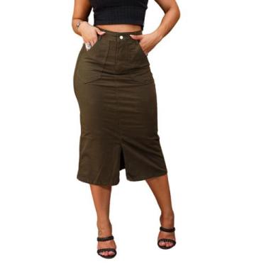Imagem de Saia Midi Jeans Com Fenda Na Frente Moda Modesta - 111151 C/bolso - 11