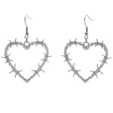 Imagem de Zhang shine Brincos góticos de arame farpado com coração de espinho, brincos pesados, pingente de cadeado, punk, espinhos, coração, metal, malha, joias de Halloween, para mulheres e homens, One Size,
