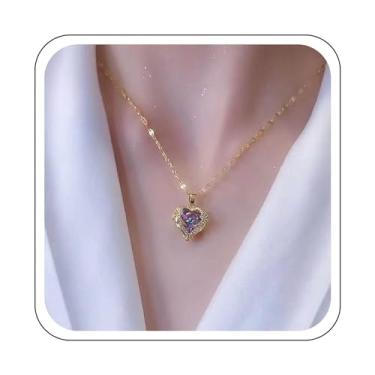 Imagem de YienDoo Gargantilha de coração de cristal descolado, colar com pingente de coração de amor com pingente de strass corrente de ametista de ouro boho declaração brilhante colar de pedra do mês de