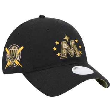 Imagem de New Era Boné feminino Minnesota Twins Armed Forces Day 2024 ajuste relaxado ajustável - MLB Ladies 9Twenty Black Baseball Dad Hat