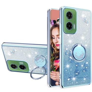 Imagem de Ysnzaq Capa com design floral com glitter para Motorola Moto G35 suporte de anel embutido, capa transparente fina à prova de choque para Motorola Moto G35 YSH azul