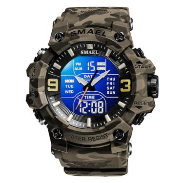 Imagem de FANMIS Relógio masculino analógico digital para esportes ao ar livre, militar, multifunções, LED, eletrônico, grande, com visor duplo, luminoso, à prova d'água, Camuflagem cáqui