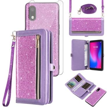 Imagem de Asuwish Capa de celular para ZTE Avid 579 Z5156CC Carteira com zíper destacável com protetor de tela de vidro temperado alça de cordão Bling Glitter Flip porta-cartões ZTE Blade A3 2020/A3 Joy