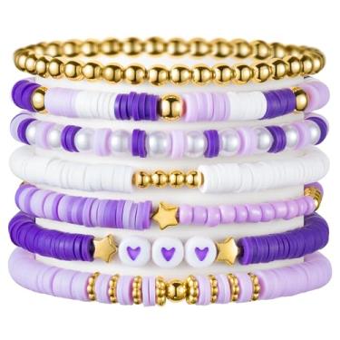 Imagem de Y1tvei Conjunto de 7 pulseiras Heishi Surfer Coloridas Preppy Happy Smile Olho turco Miçangas Argila Elástica Empilhável Disco Boho Y2K Kidcore Estética Verão Praia Joias para Mulheres Meninas,