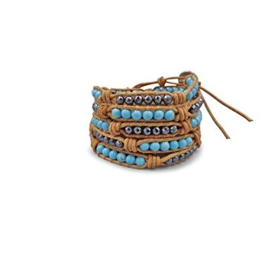 Imagem de MGR MY GEMS ROCK! 89 cm feito à mão turquesa azul e contas de hematita em couro genuíno estilo boho empilhável multicamadas multicamadas super pulseira ou pulseira de couro para homens ou mulheres.,