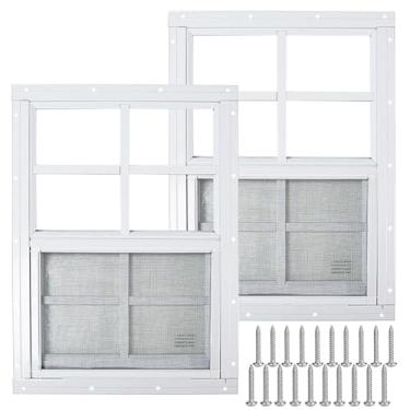 Imagem de Pacote com 2 janelas brancas para galpão, 45,7 x 58,4 cm, janela de montagem embutida com vidro temperado e tela de fibra de vidro para galinheiros galinheiros celeiros