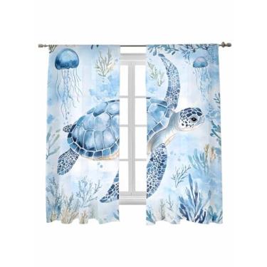 Imagem de Cortinas semitransparentes de tartaruga marinha azul 153 cm de comprimento, cortinas de tratamento de janela de tartaruga do oceano de verão, cortinas de filtro de luz, cortinas de bolso para varão,