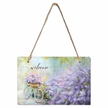 Imagem de EwdeWwo Placa para pendurar na parede Plants Welcome - Placas de pendurar em ardósia de bicicleta lavanda estilo casa de fazenda para porta da frente, varanda, janela, quinta, jardim, 13 x 20 cm