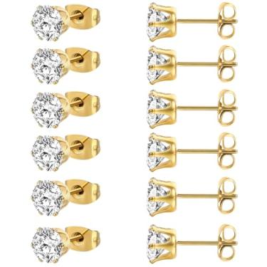 Imagem de MDFUN 6 pares de brincos de zircônia cúbica redonda banhada a ouro amarelo 18 K, pacote com 6 8mm Branco