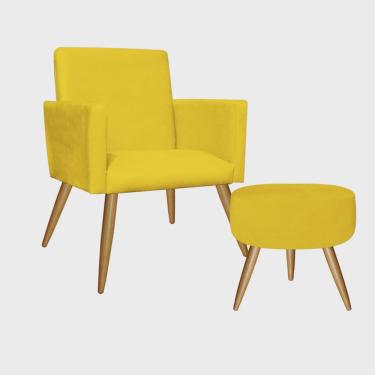 Imagem de Kit Poltrona e Puff Redondo Nina Decorativo Pé Palito Suede Amarelo - Ahz Móveis