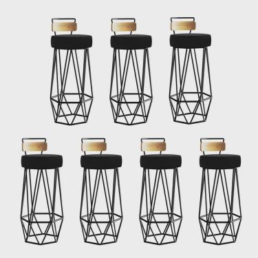 Imagem de Kit 07 Banqueta Com Encosto Botti Hexágono Cozinha Peroba Rosa Ferro Preto Sintético Preto - Ahz Móveis