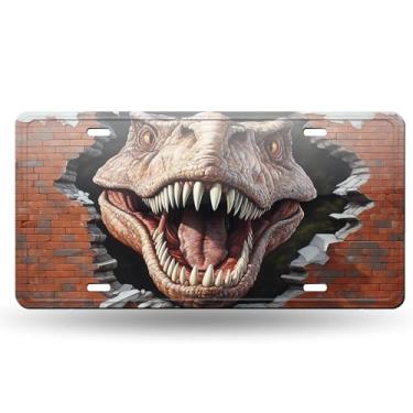 Imagem de Capa de placa de carro multicolorida retrô de parede de dinossauro 3D - etiqueta de carro artística de alumínio, à prova de ferrugem, design exclusivo - 15 x 30 cm