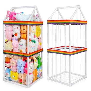 Imagem de Basumee Armazenamento de animais de pelúcia para animais de pelúcia com duas tiras de arco-íris, tubo de PVC, organizador de brinquedos para meninas, meninos, berçário, sala de jogos, quarto, branco
