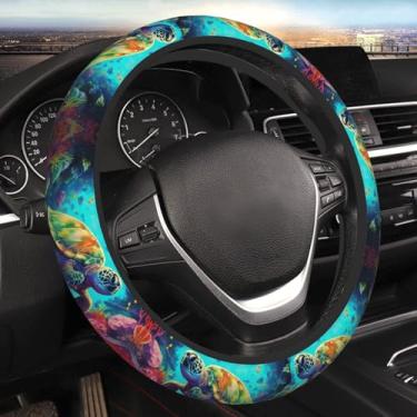 Imagem de Tartaruga marinha colorida nadando entre recifes de corais, capa protetora para volante universal para carro, 38 cm de espessura para SUV, van, carro, caminhão