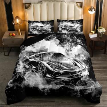 Imagem de Feelyou Conjunto de edredom de carro esportivo de velocidade, tamanho solteiro, para meninos, meninas, adolescentes, carro de corrida, respirável, esportes radicais, preto e branco