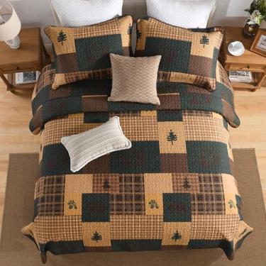 Imagem de SahSahCasa Conjunto de colcha 100% algodão, tamanho Queen, conjunto de colcha de cabana rústica reversível de fazenda, edredom leve para cama queen, 3 peças, verde escuro/marrom escuro