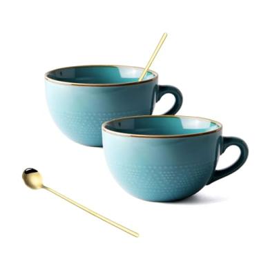 Imagem de hengshukeji Conjunto de 2 canecas de café de cerâmica grande de 700 ml com porta-copos e colher, xícara de sopa de grãos/caneca de café/tigela de salada para café, chá, sorvete, cereais (conjunto azul