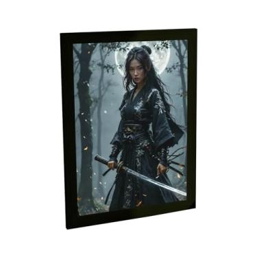 Imagem de Quadro Decorativo Mulher Samurai Ilustração Azul Anime Lua Decoração Poster Quarto Sala