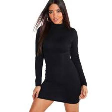 Imagem de vestido feminino curto gola alta manga longa malha canelada estilo - f