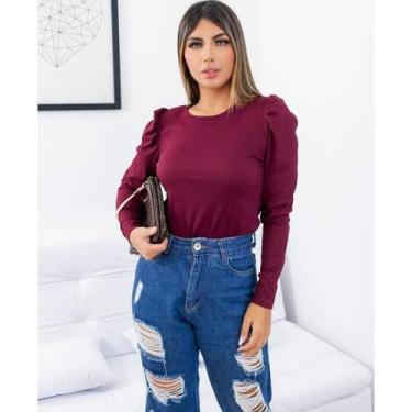 Imagem de Blusa manga longa princesa bufante malha canelada moda feminina  - Fil