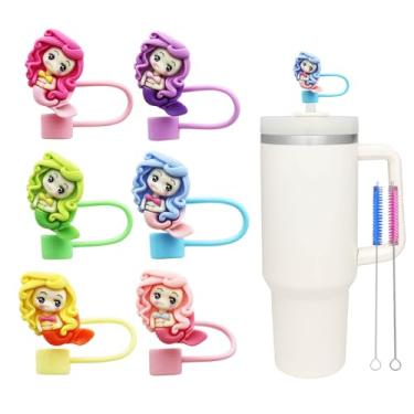 Imagem de 6 peças de cobertura de palha de sereia de cabelo encaracolado de 10 mm para copo Stanley, topo de canudo à prova de poeira para copos de 30 e 1,134 g e garrafas de água, acessórios reutilizáveis para