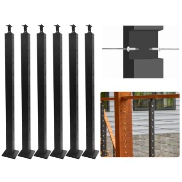 Imagem de Qrooviiy Poste de Corrimão de Cabo- 36"x2"x2"- 10 Furos Inclinados Pré-Perfurados- Suporte Superior Curvo Ajustável de Aço Inoxidável para Poste de Corrimão de Escada- Preto Acetinado- Pacote com 6…