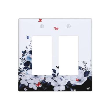 Imagem de Flor de borboleta branca floral 2 Gang Rocker Light Switch Cover Double Rocker decorativa placa de parede GFCI placa elétrica para decoração de casa