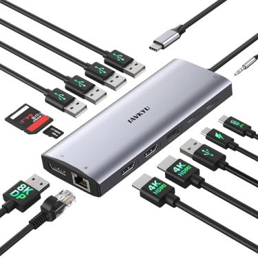 Imagem de Estação de ancoragem USB C, 3 monitores 4K a 60Hz, estação de ancoragem para laptop 14 em 1 com 2 HDMI 4K a 60Hz, DP 8K @30Hz/4K@144Hz, 3 USB 3.0, 2 USB 2.0, RJ45, áudio, PD 100W, hub USB-C para