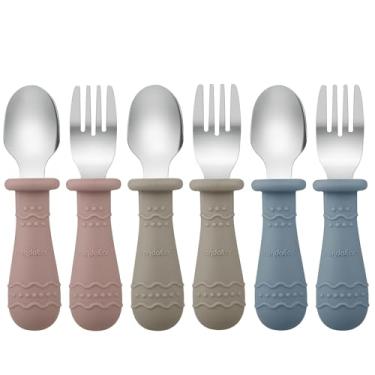 Imagem de PandaEar Utensílios Para Crianças, Pacote Com 6 Colheres E Garfos Conjunto De Talheres Aço Inoxidável 18/8 Silicone Grau Alimentício, Lavável Na Máquina Lavar Louça (Azul/Marrom/Vermelho)