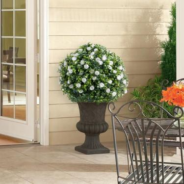 Imagem de Conjunto de 2 árvores de topiaria artificial com estacas de metal, plantas falsas de PE resistentes a UV de 59,9 cm com flores de rosas para decoração interna/externa, branca