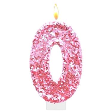 Imagem de Velas de aniversário rosa, número 0 para bolo, topo de bolo rosa com glitter, decorações de festa de aniversário de princesa, enfeite de cupcake, lembrancinhas de festa, suprimentos de decoração