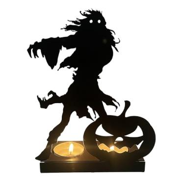 Imagem de Castiçal de metal de Halloween - Decoração de mesa de abóbora gótica, castiçal de silhueta de abóbora zumbi para casa, decorações de festa, centro de mesa de Halloween, castiçais tealight para quarto
