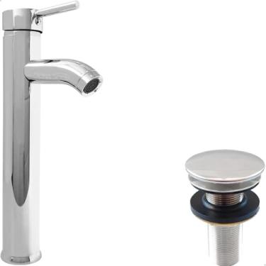 Imagem de Dona D Cor, Torneira Pia Banheiro Bica Alta Cromada E Valvula Click 7/8 Inox Kit Banheiro Torneira Redonda Monocomando Misturador