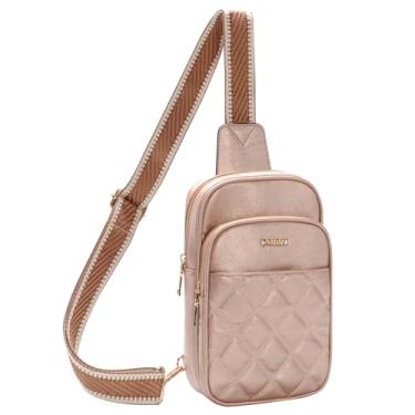 Imagem de ICOLRAE Pequena bolsa tiracolo feminina de couro vegano, pochete de peito, bolsa de viagem com alça ajustável para guitarra, Champanhe dourado, Small