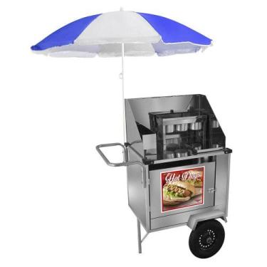 Imagem de Carrinho de Hot Dog Cefaz Simples Inox Rodas Pneumáticas e Guarda Sol 