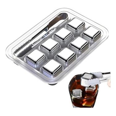 Imagem de Kit 08 Cubos Gelo Aço Inox Metal Com Pegador Whisky Drinks