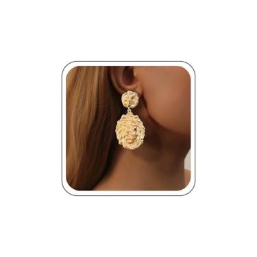 Imagem de Sttiafay Brincos pendentes de cabeça de leão, ouro, grande, moeda, disco, texturizado, retrato, cabeça de lombo, brinco de disco redondo martelado, joia de personalidade para mulheres, Zinco, Sem