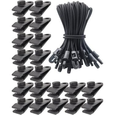 Imagem de WMZOBH Grampos de lona para serviço pesado – Pacote com 40 cabos elásticos com clipes, prendedores e prendedores, pequenos cabos elásticos com ganchos de 15 cm (preto)