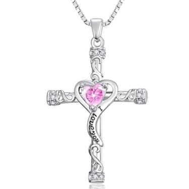 Imagem de VANAODUC Colar feminino com cruz de pedra do mês de nascimento, ouro 14K, ouro branco 18K, ouro rosa, pingente feminino I Love You, presente de aniversário e Natal para sua mãe, esposa, namorada