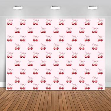 Imagem de Fitumiw Pano de fundo cereja e laço 2,4 x 1,8 m fruta rosa laço chá de bebê decoração de festa de aniversário para meninas papel de parede cereja sobremesa toalha de mesa banner adereços de cabine de