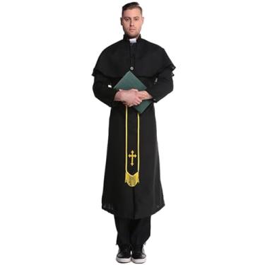 Imagem de GRAJTCIN Fantasia masculina de padre, roupão de clero, adoração de louvor, roupa de padre, 3 peças, Preto, amarelo, G